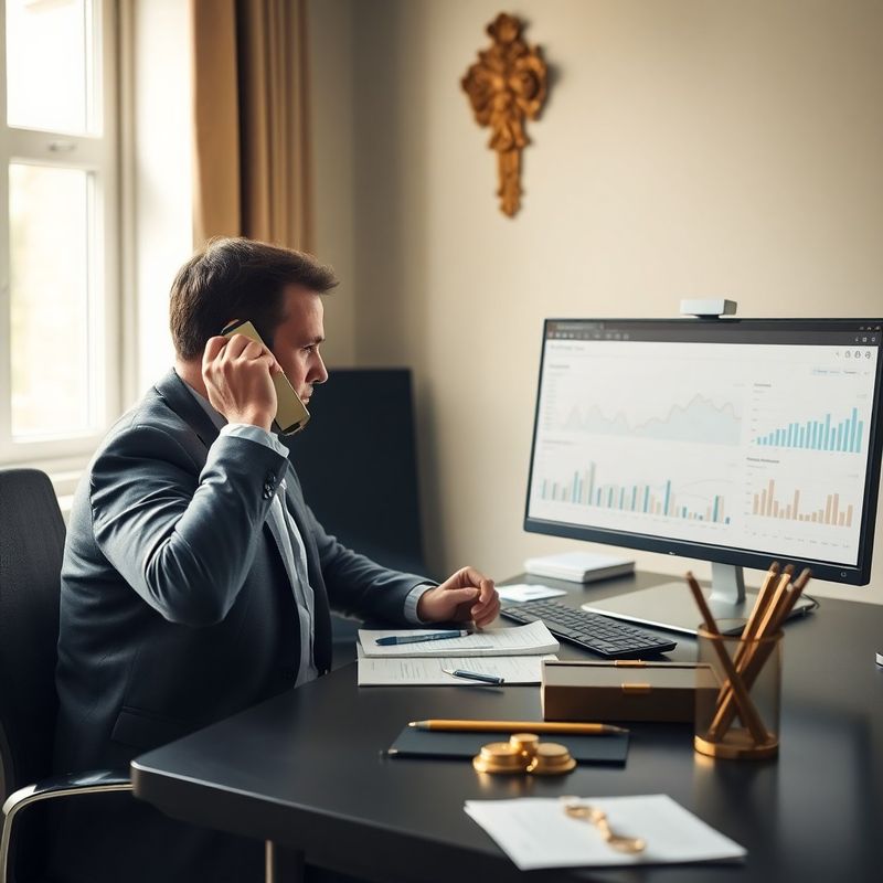 Finanční poradce v telefonním hovoru u uhlově zbarveného stolu se zlatými doplňky a monitorem s grafy portfolia